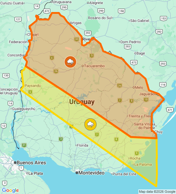 Mapa de advertencias meteorológicas de Inumet para Uruguay